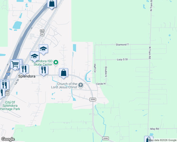 map of restaurants, bars, coffee shops, grocery stores, and more near 14459 Splenwood Drive in Splendora
