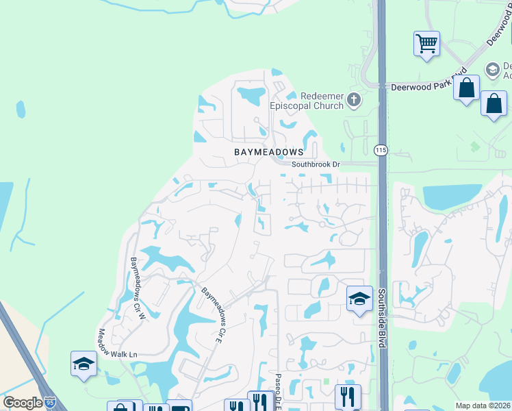 map of restaurants, bars, coffee shops, grocery stores, and more near 7595 Baymeadows Circle West in Jacksonville