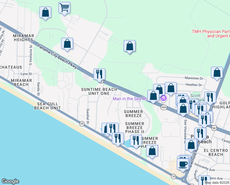 map of restaurants, bars, coffee shops, grocery stores, and more near Sunbelt Dr in Panama City Beach