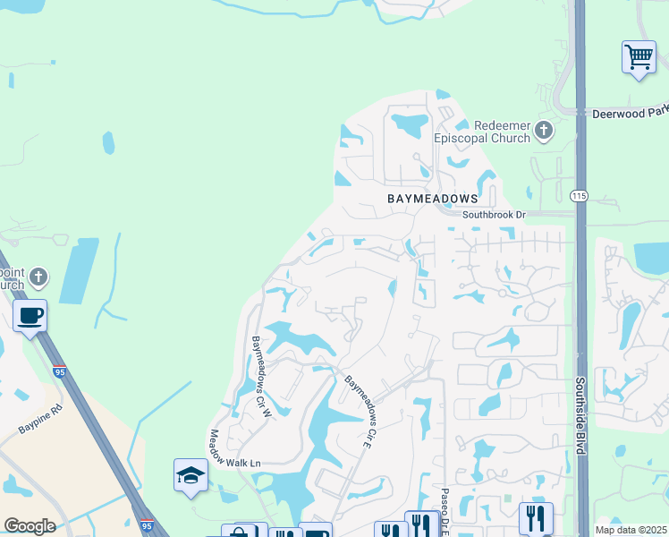 map of restaurants, bars, coffee shops, grocery stores, and more near 9489 Star Drive in Jacksonville