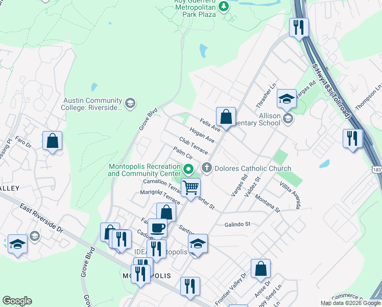 map of restaurants, bars, coffee shops, grocery stores, and more near 6202 Palm Circle in Austin
