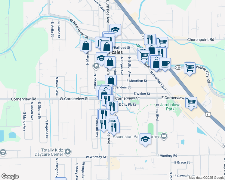 map of restaurants, bars, coffee shops, grocery stores, and more near 201 East Sanders Street in Gonzales