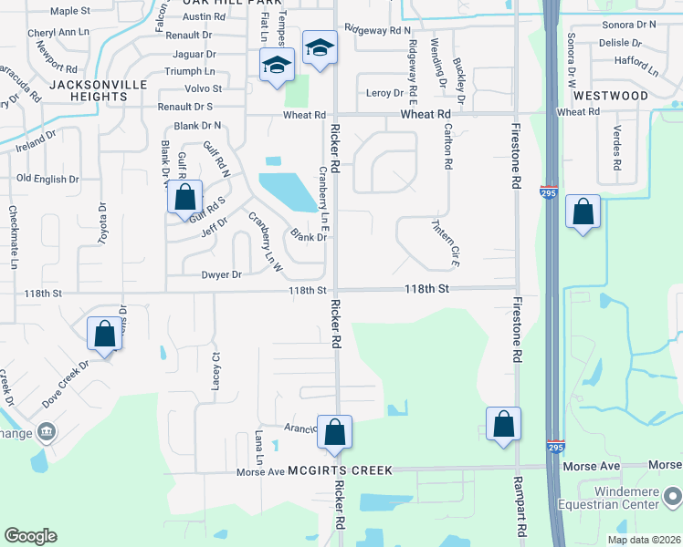 map of restaurants, bars, coffee shops, grocery stores, and more near 6355 Ricker Road in Jacksonville