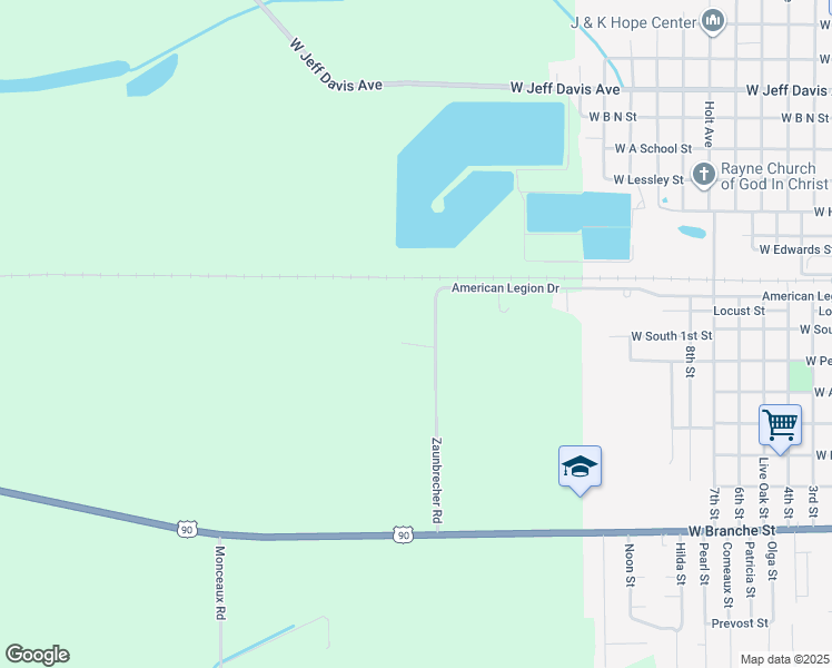 map of restaurants, bars, coffee shops, grocery stores, and more near 169-399 Zaunbrecher Road in Rayne