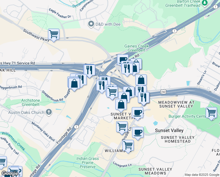 map of restaurants, bars, coffee shops, grocery stores, and more near 5033a West US Highway 290 Service Road in Austin