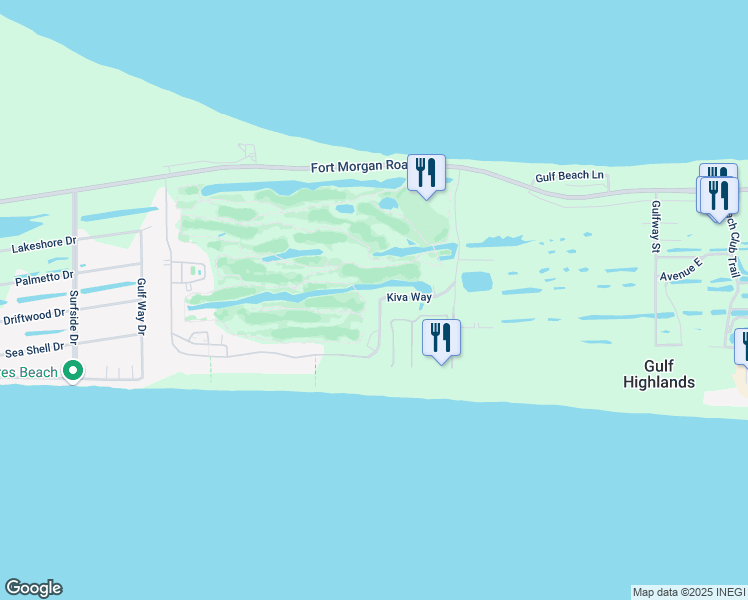map of restaurants, bars, coffee shops, grocery stores, and more near 7791 Kiva Way in Gulf Shores