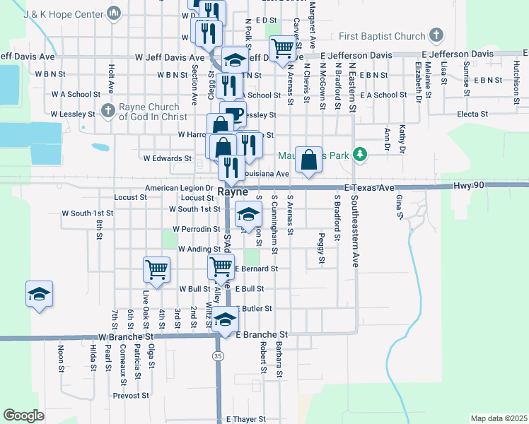 map of restaurants, bars, coffee shops, grocery stores, and more near 302 East South 1st Street in Rayne