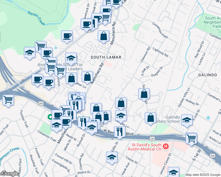 map of restaurants, bars, coffee shops, grocery stores, and more near 3809 Valley View Road in Austin