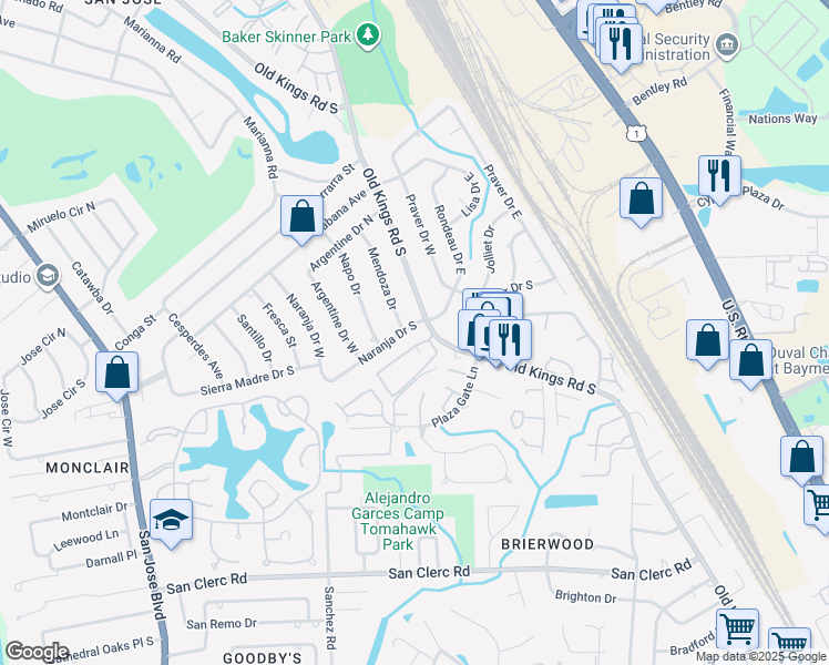 map of restaurants, bars, coffee shops, grocery stores, and more near 4516 Naranja Drive South in Jacksonville