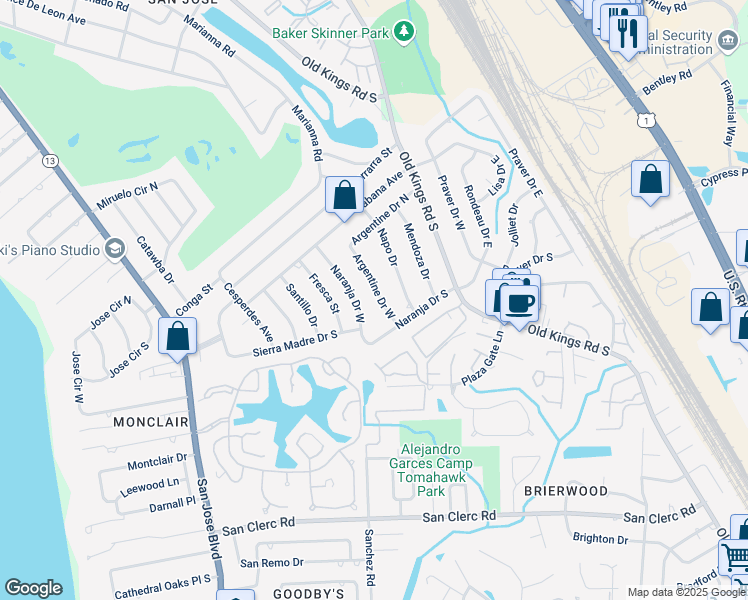 map of restaurants, bars, coffee shops, grocery stores, and more near 8026 Argentine Drive West in Jacksonville
