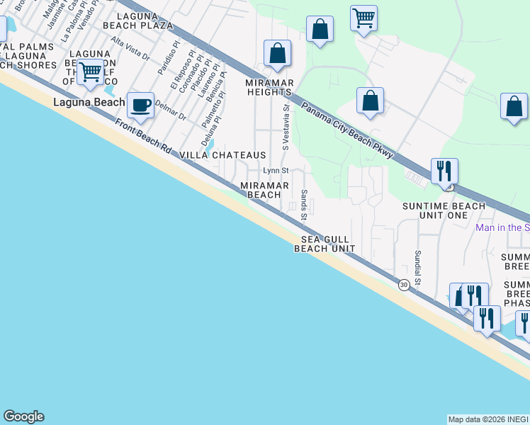 map of restaurants, bars, coffee shops, grocery stores, and more near 17811 Front Beach Road in Panama City Beach