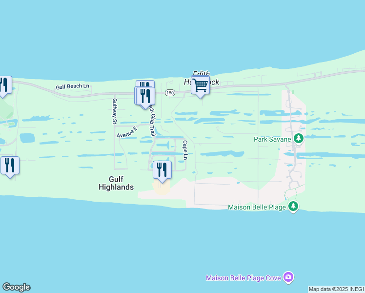 map of restaurants, bars, coffee shops, grocery stores, and more near 8841 Cape Lane in Gulf Shores