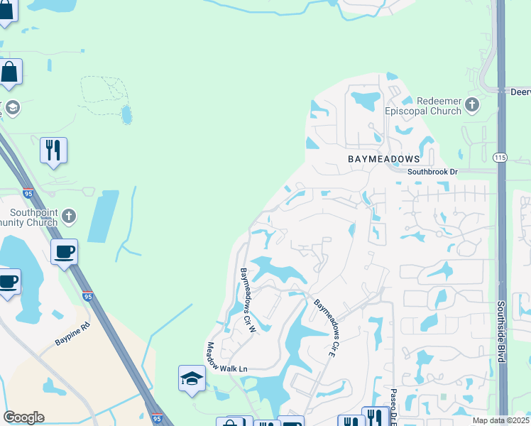 map of restaurants, bars, coffee shops, grocery stores, and more near 7639 Baymeadows Circle West in Jacksonville