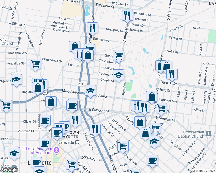 map of restaurants, bars, coffee shops, grocery stores, and more near 426 North Sterling Street in Lafayette