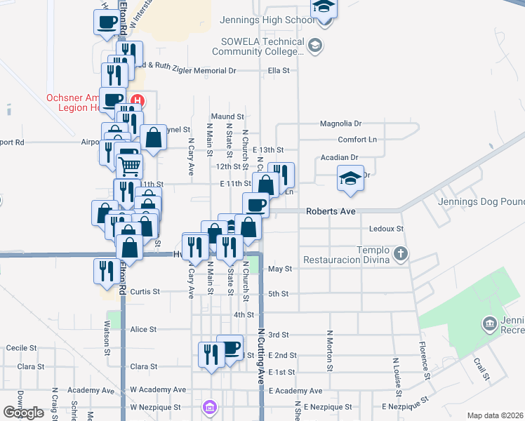 map of restaurants, bars, coffee shops, grocery stores, and more near 400 Roberts Avenue in Jennings