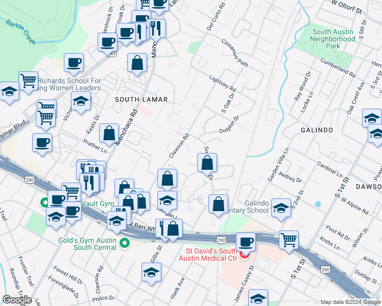 map of restaurants, bars, coffee shops, grocery stores, and more near 1600 Southgate Circle in Austin
