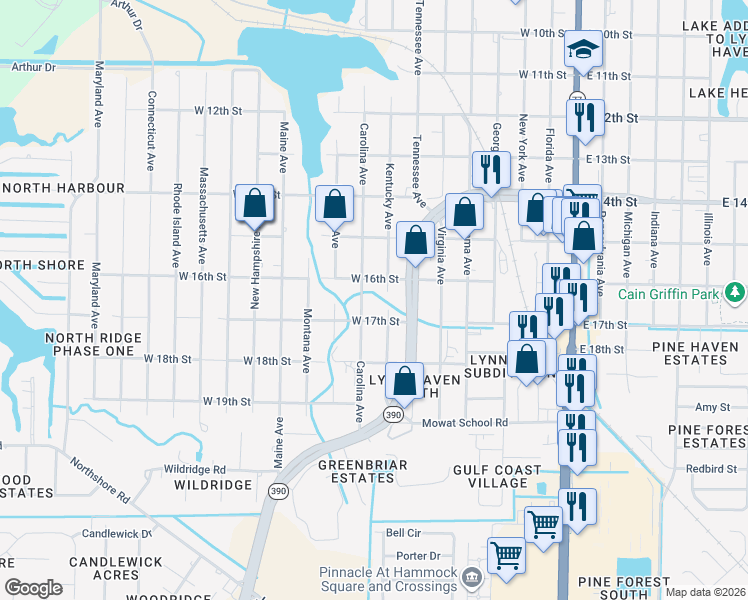 map of restaurants, bars, coffee shops, grocery stores, and more near 1611 Carolina Avenue in Lynn Haven