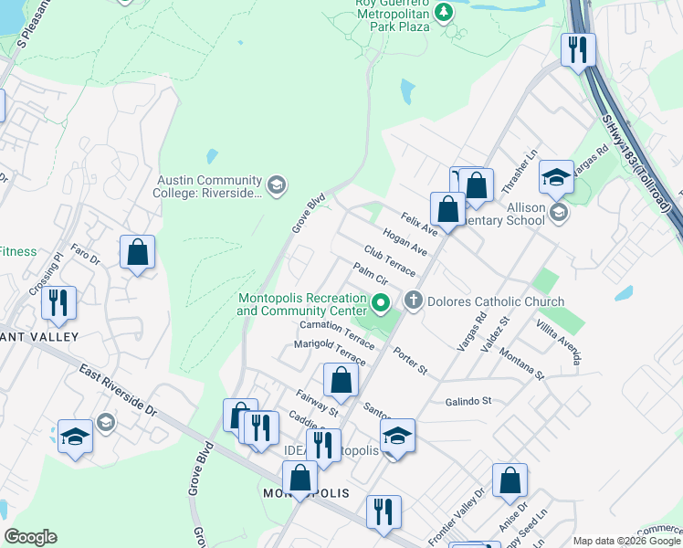 map of restaurants, bars, coffee shops, grocery stores, and more near 6101 Palm Circle in Austin
