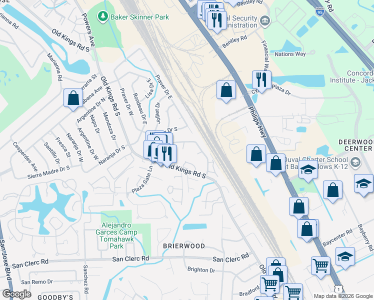 map of restaurants, bars, coffee shops, grocery stores, and more near 8108 San Jose Manor Drive East in Jacksonville
