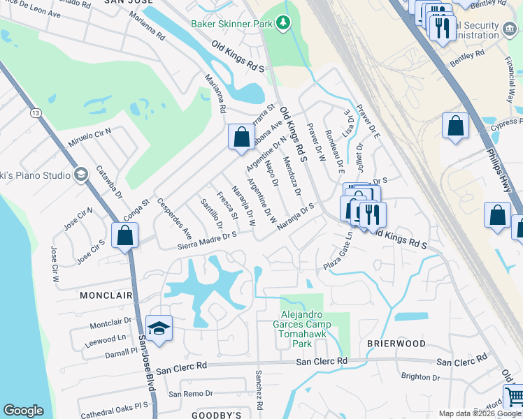 map of restaurants, bars, coffee shops, grocery stores, and more near 8026 Argentine Drive West in Jacksonville