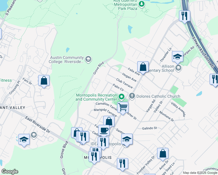map of restaurants, bars, coffee shops, grocery stores, and more near 6101 Palm Circle in Austin