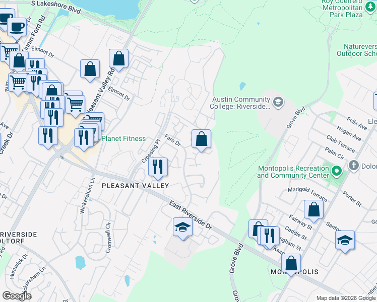 map of restaurants, bars, coffee shops, grocery stores, and more near 1500 Faro Drive in Austin