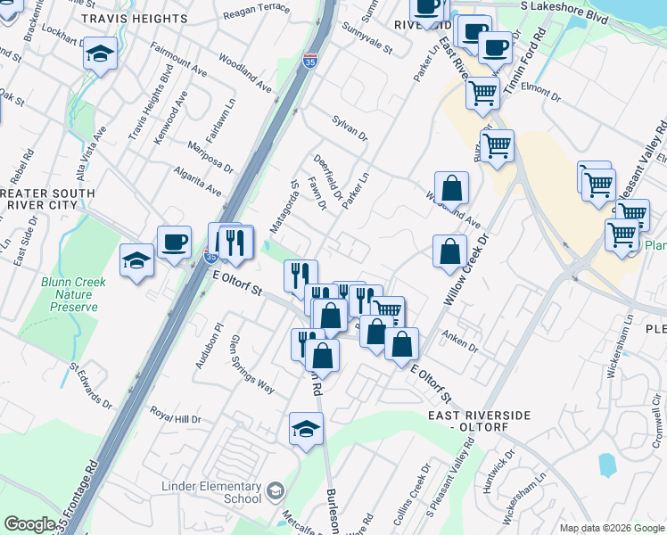 map of restaurants, bars, coffee shops, grocery stores, and more near 2103 Parker Lane in Austin