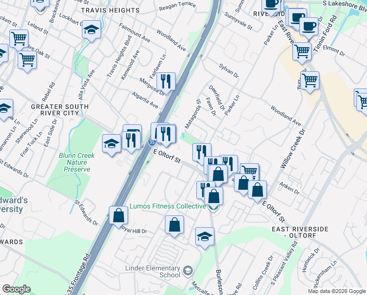 map of restaurants, bars, coffee shops, grocery stores, and more near 1710 East Oltorf Street in Austin
