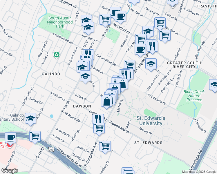 map of restaurants, bars, coffee shops, grocery stores, and more near 201 Brewster Street in Austin