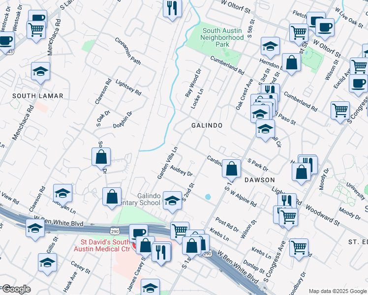 map of restaurants, bars, coffee shops, grocery stores, and more near 912 Cardinal Lane in Austin