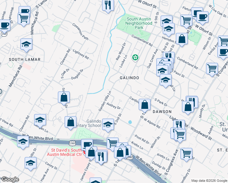 map of restaurants, bars, coffee shops, grocery stores, and more near 912 Cardinal Lane in Austin