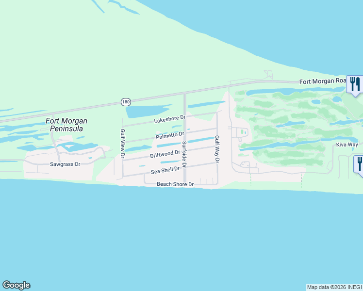 map of restaurants, bars, coffee shops, grocery stores, and more near 678-708 Surfside Drive in Gulf Shores