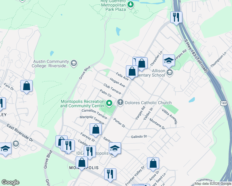 map of restaurants, bars, coffee shops, grocery stores, and more near 6202 Palm Circle in Austin