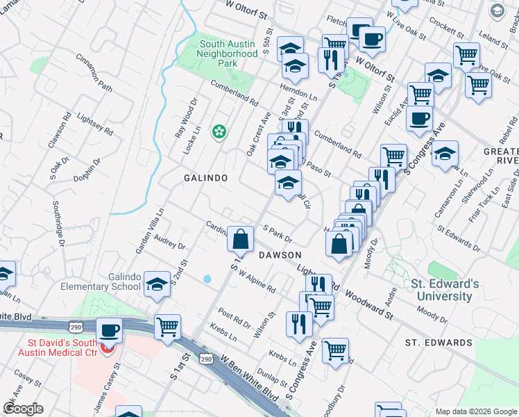 map of restaurants, bars, coffee shops, grocery stores, and more near 600 12 Oaks Lane in Austin