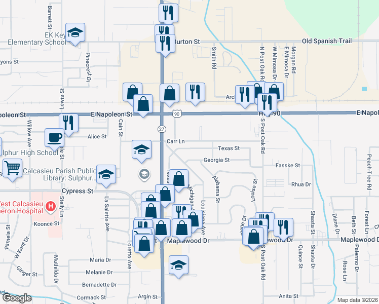 map of restaurants, bars, coffee shops, grocery stores, and more near 1108 Texas St in Sulphur