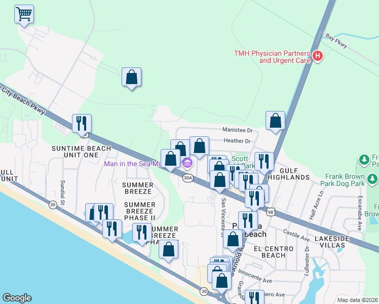 map of restaurants, bars, coffee shops, grocery stores, and more near 121 Coral Drive in Panama City Beach