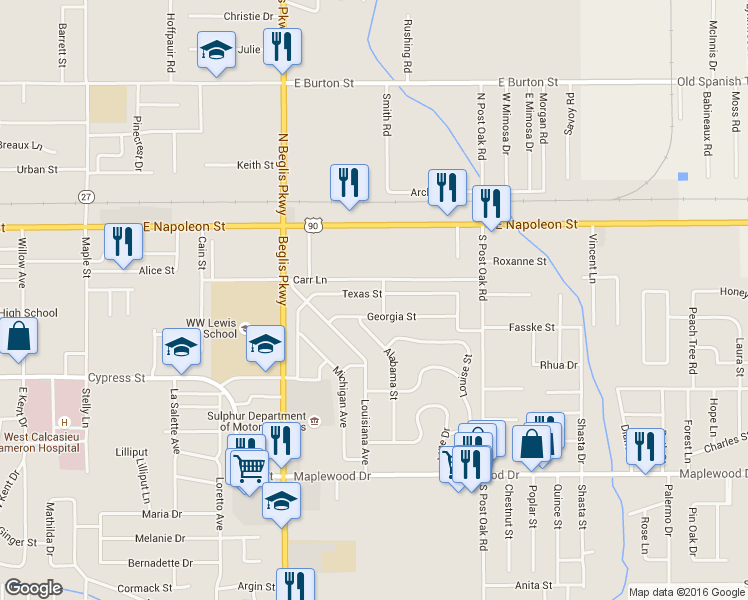 map of restaurants, bars, coffee shops, grocery stores, and more near 1122 Texas St in Sulphur