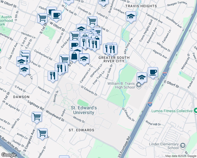 map of restaurants, bars, coffee shops, grocery stores, and more near 2605 Friar Tuck Lane in Austin