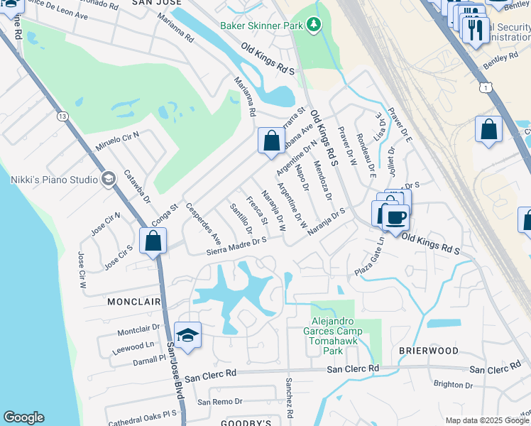 map of restaurants, bars, coffee shops, grocery stores, and more near 8039 Fresca Street in Jacksonville