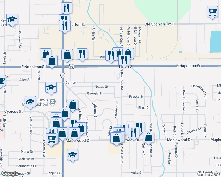 map of restaurants, bars, coffee shops, grocery stores, and more near 1228 Texas Street in Sulphur