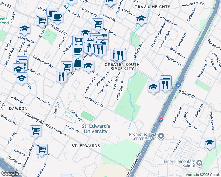 map of restaurants, bars, coffee shops, grocery stores, and more near 617 Long Bow Lane in Austin