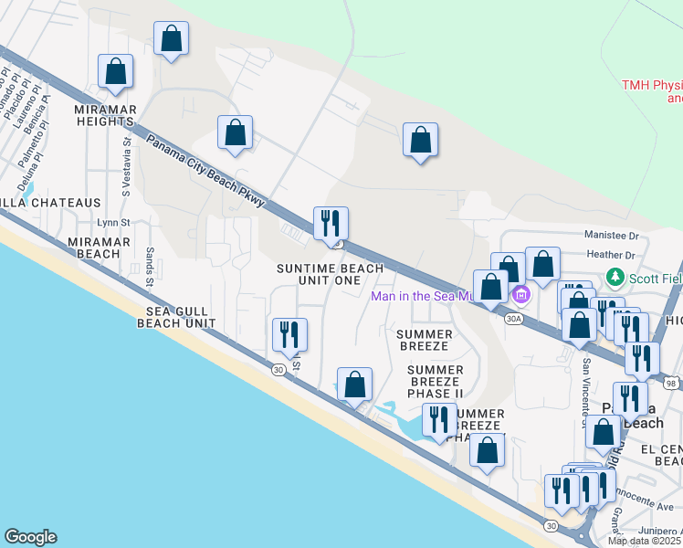 map of restaurants, bars, coffee shops, grocery stores, and more near 111 Cobb Rd in Panama City