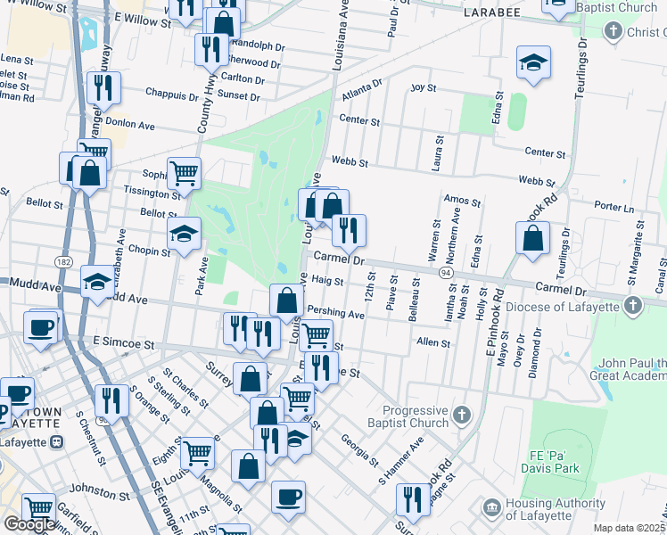map of restaurants, bars, coffee shops, grocery stores, and more near 410 Verdun Street in Lafayette