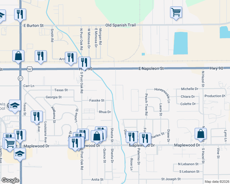 map of restaurants, bars, coffee shops, grocery stores, and more near 334 Vincent Lane in Sulphur