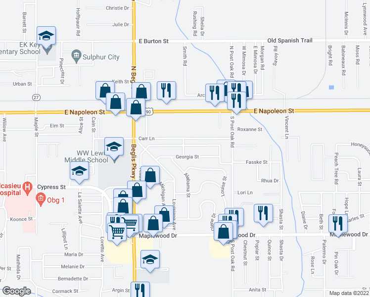 map of restaurants, bars, coffee shops, grocery stores, and more near 1202 Texas Street in Sulphur