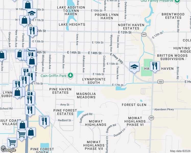 map of restaurants, bars, coffee shops, grocery stores, and more near 1604 Mississippi Avenue in Lynn Haven