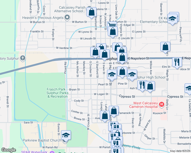 map of restaurants, bars, coffee shops, grocery stores, and more near 528 South Stanford Street in Sulphur