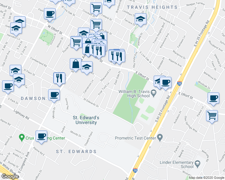 map of restaurants, bars, coffee shops, grocery stores, and more near East Side Dr & Long Bow Ln in Austin