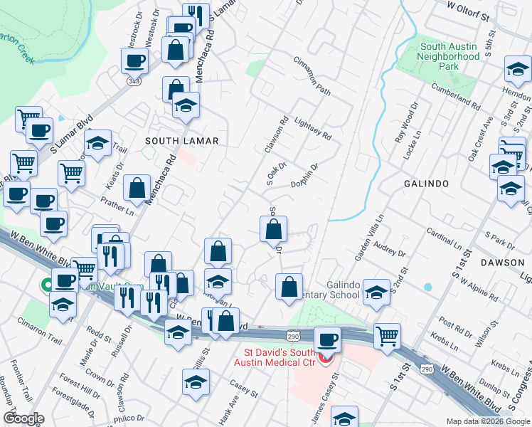 map of restaurants, bars, coffee shops, grocery stores, and more near 3520 Southridge Drive in Austin