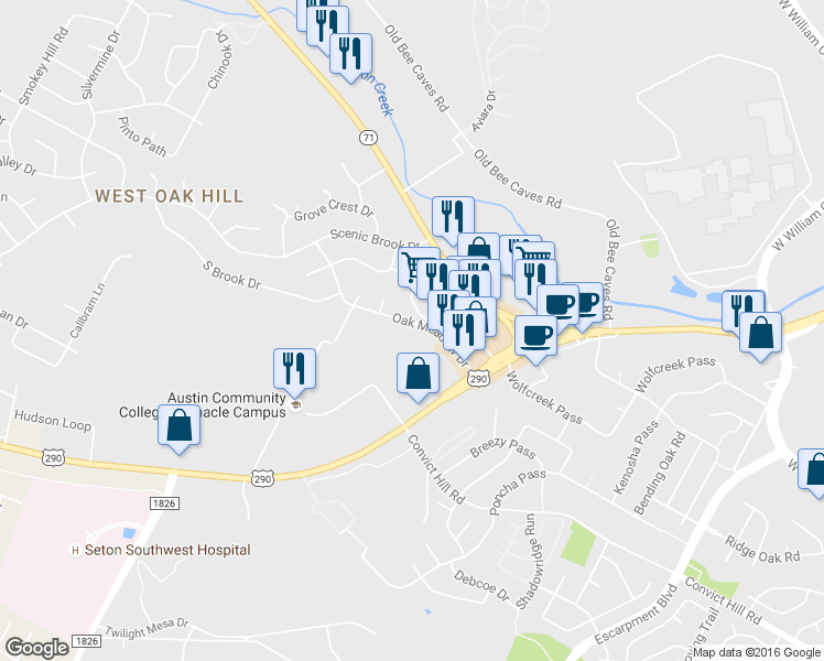 map of restaurants, bars, coffee shops, grocery stores, and more near 7301 Oak Meadow Drive in Austin